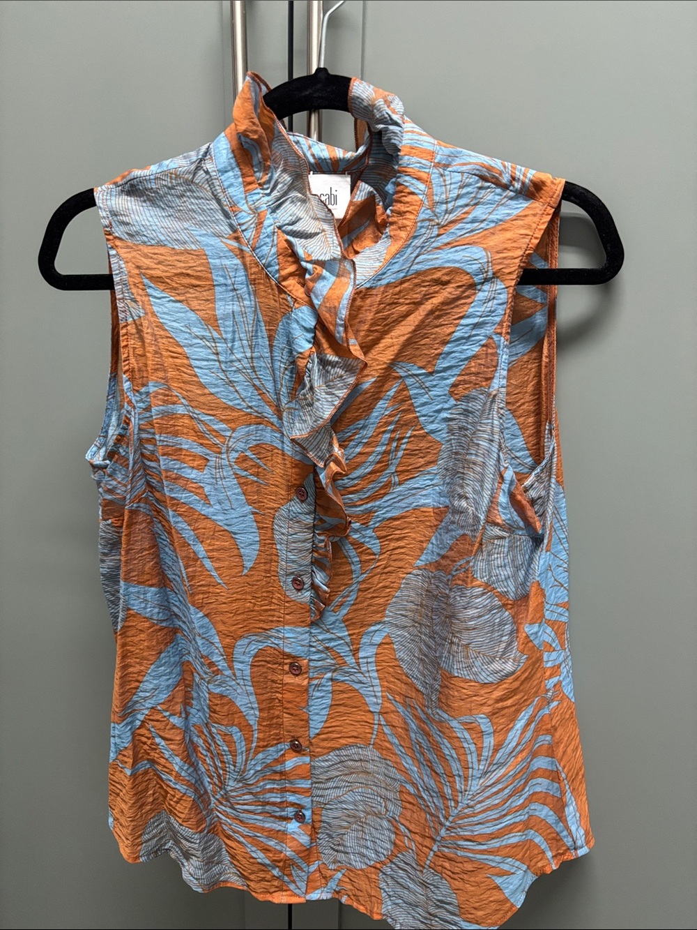 CAbi Sleeveless Ruffle-Front Blouse - Orange & Light Blue